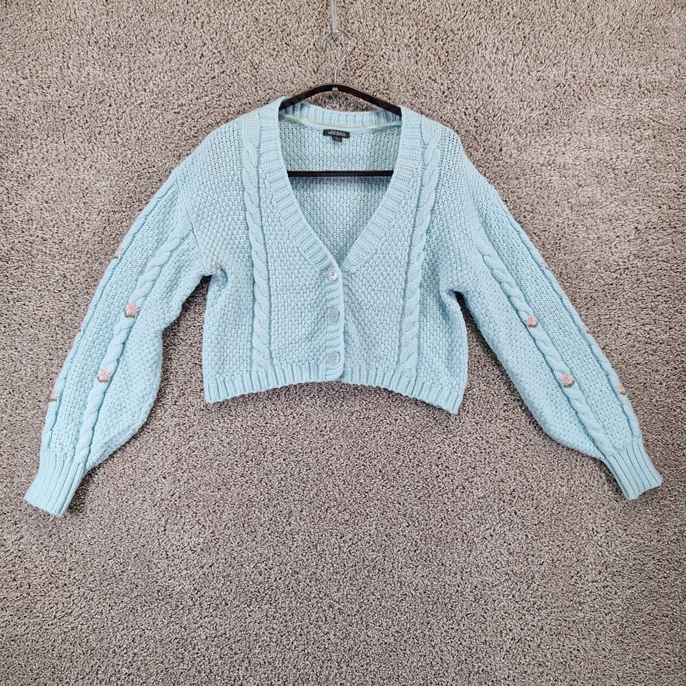 Wild Fable Cardigan Womens XL Blue Floral Cable Knit Cropped Cottagecore Boho